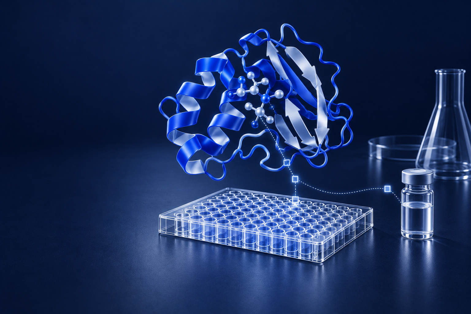 Conceptual scientific illustration in the brand's blues: a folded protein ribbon with a small compound model above an assay plate, beside a sample vial and glassware.