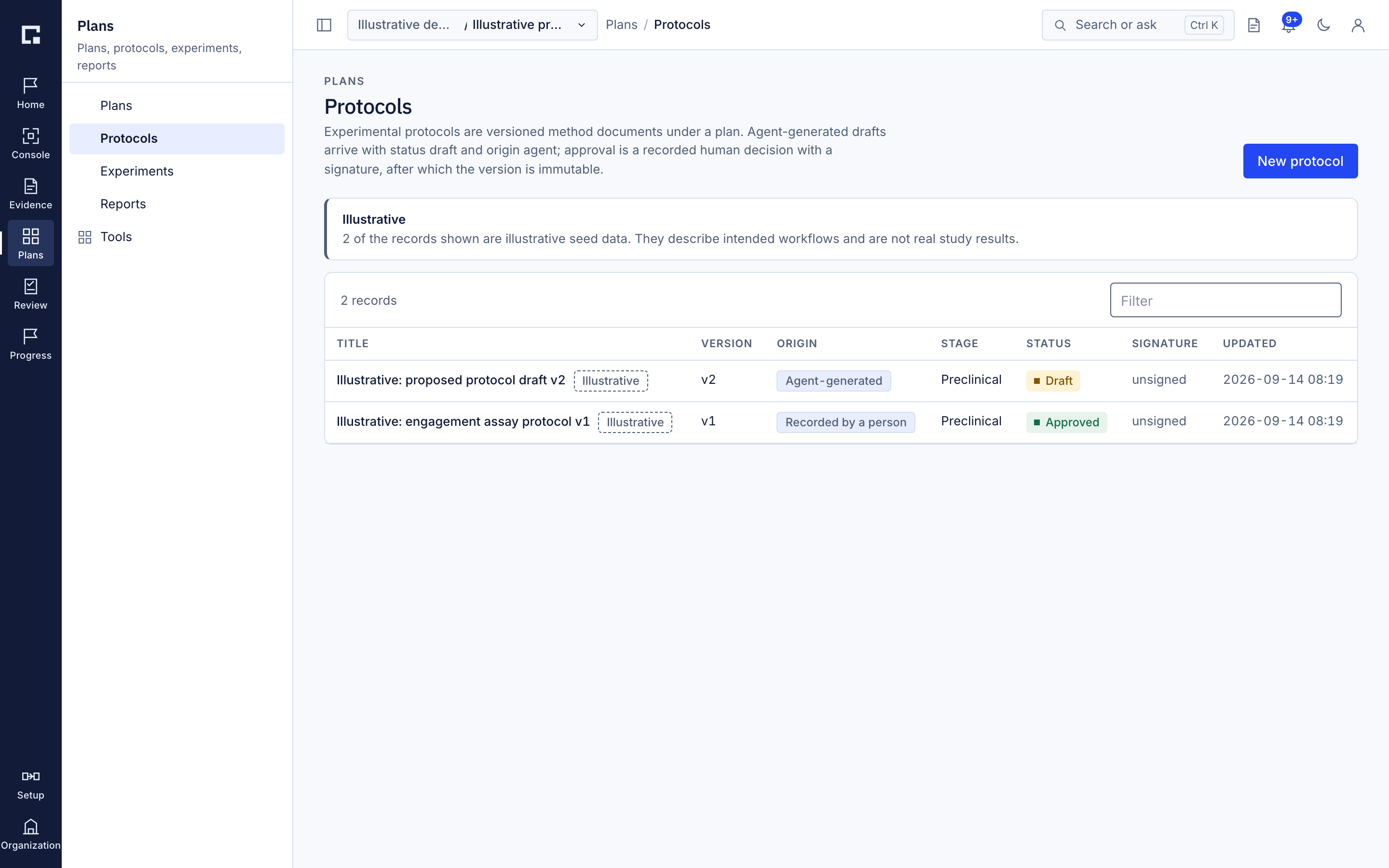 Trovensa Plans in the console with illustrative rows. Development build with illustrative data.