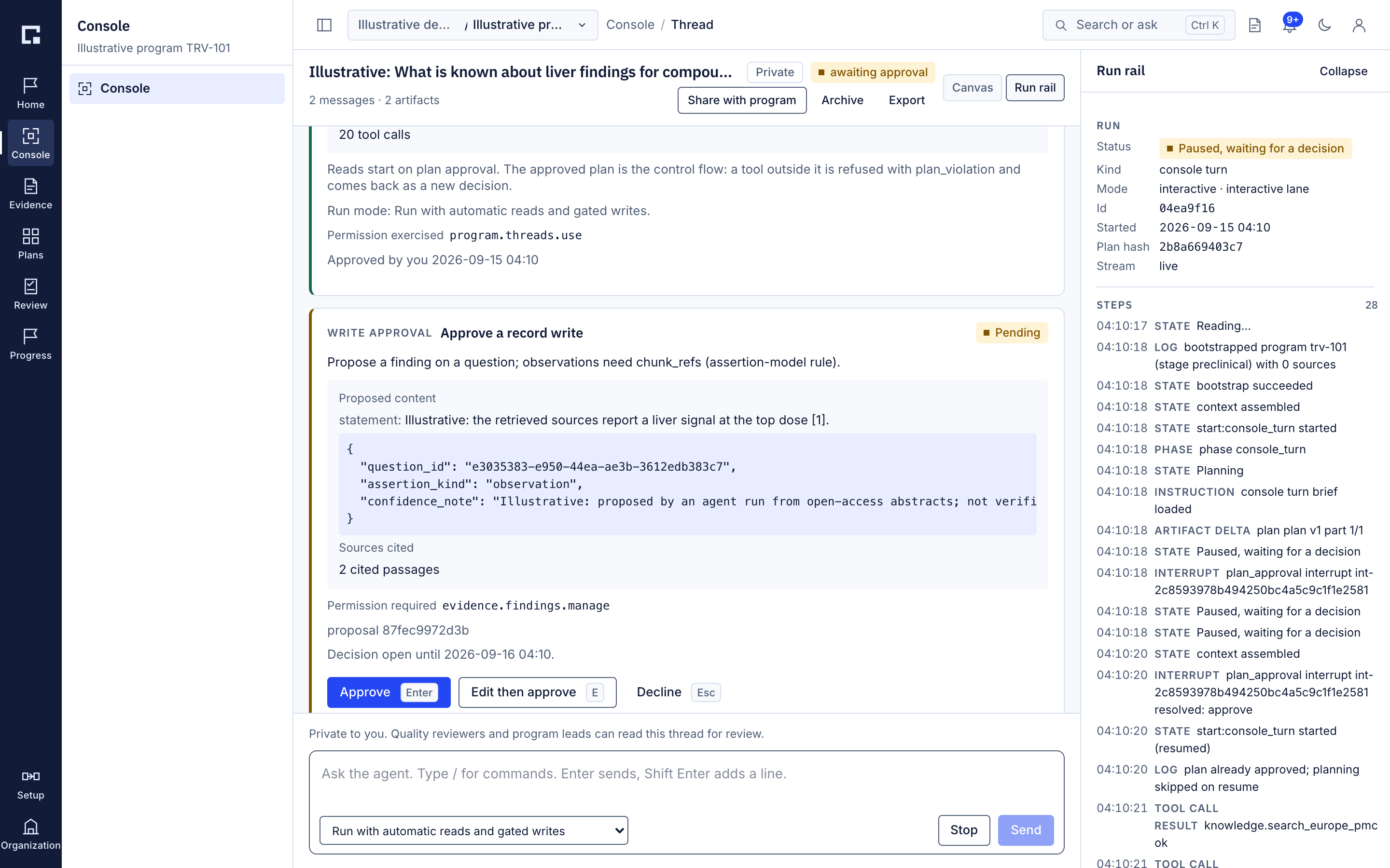 The console: a thread with an approved plan card, a write proposal naming the permission evidence.findings.manage, and the run rail paused, waiting for a decision. Development build with illustrative data.